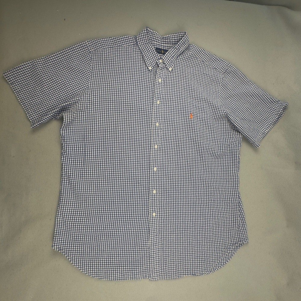 Ralph Lauren Mens 2XLT Tall Blue Gingham Cotton Short Sleeve Button Down Shirt - Picture 16 of 16